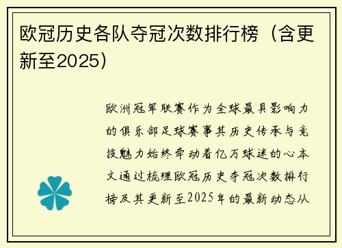 欧冠历史各队夺冠次数排行榜（含更新至2025）